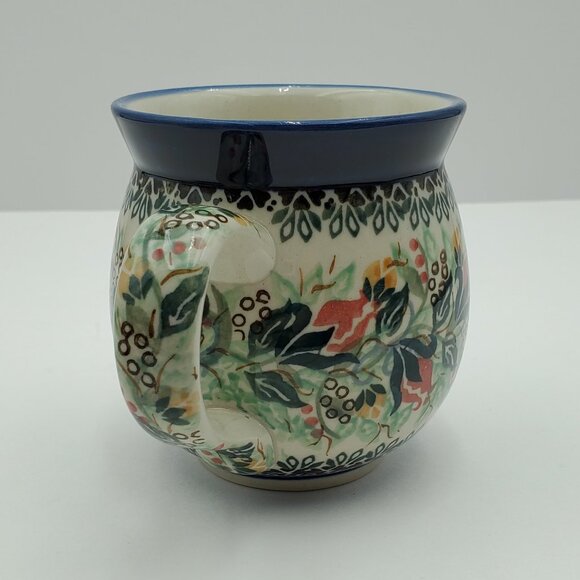 Polish Pottery Rose Bud Roundup Bubble Mug Red Yellow Flowers Blue Green Leaves - Picture 5 of 10